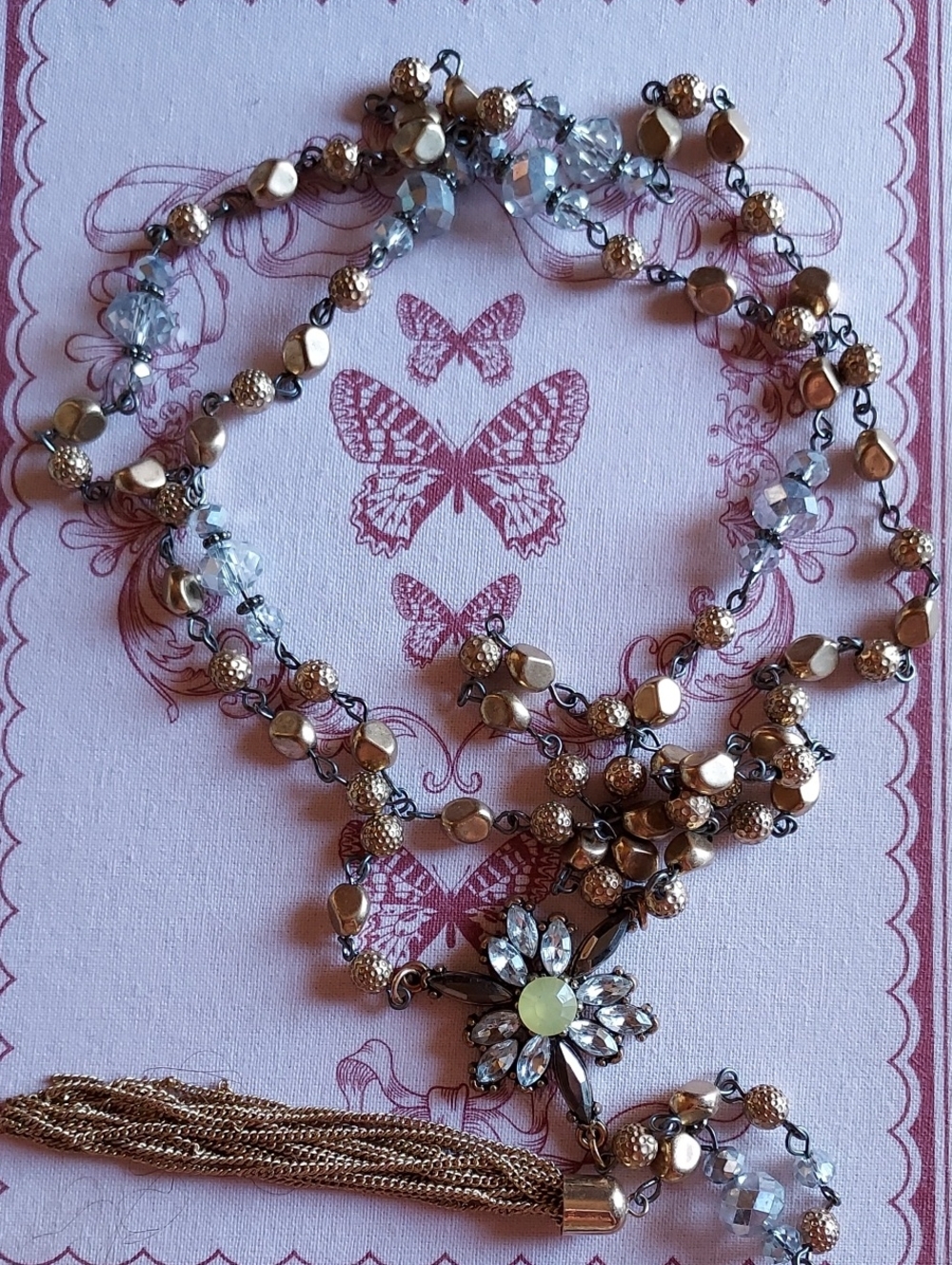 Delicate Gold and Crystal Floral Tassel Necklace